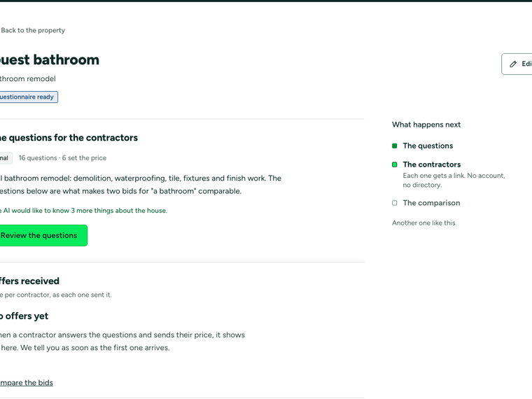 The job screen: the bid request, every contractor invited to it and what each one has answered so far.