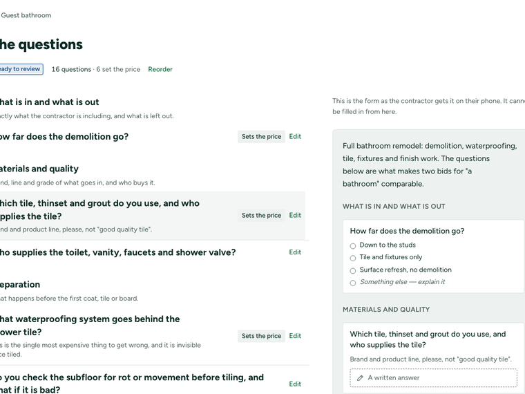 The questionnaire screen: sixteen questions grouped by section, with the contractor's form previewed beside them.